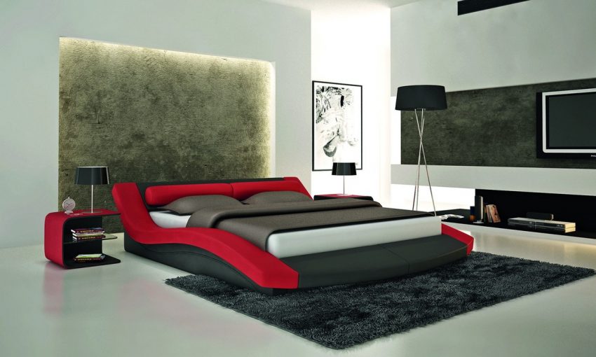 Bedroom Medium size Amazing Big Space Bedroom Design With Modern Gray And Red CotPillowMini TableLampWatchBooksWall PaintAmazing Green Dark WallTV ScreenLarge Fur Rug With Dark Color And Best White Flooring