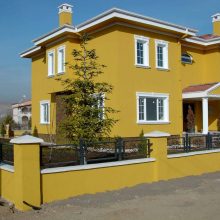 Exterior Design Thumbnail size Amazing Bright Yellow Color For Exterior Home Paint Scheme With Small Garden Plant Grass White Window Porch Fence And Several Ideas For Home 