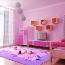Living Room Thumbnail size Amazing Paint Color For Girls Concept Room With Pink Color Small Wall Storage Tv Screen Long Chest Of Drawer Cute Fur Rug Ball Lamp Large Window Curtain Bedroom Wooden Laminated Flooring For Interior