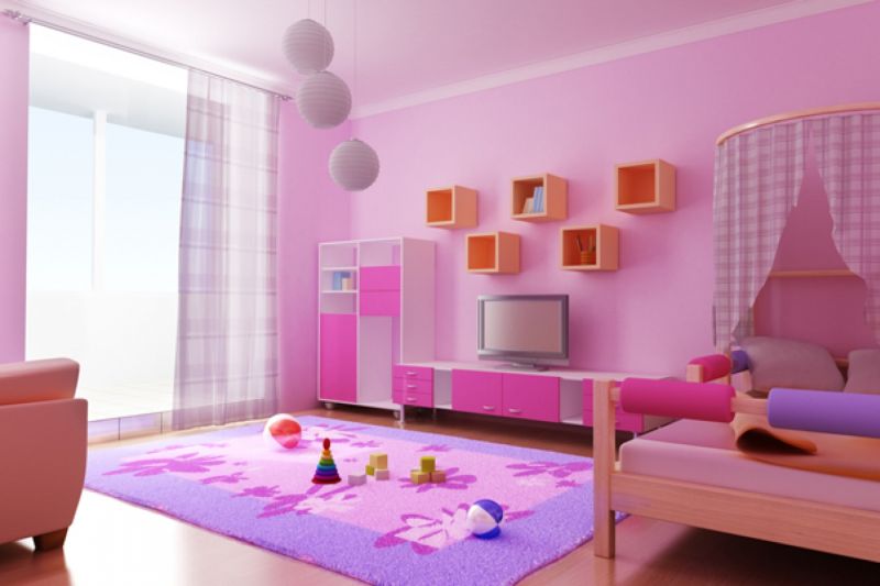 Living Room Large-size Amazing Paint Color For Girls Concept Room With Pink Color Small Wall Storage Tv Screen Long Chest Of Drawer Cute Fur Rug Ball Lamp Large Window Curtain Bedroom Wooden Laminated Flooring For Interior Living Room