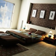 Ideas Thumbnail size Apartment Bedroom Design With Single Drawer And Brown Wall And Carpet In The Floor With Low Profile Bed And Bay Window And Lamp Side On The Small Table And Laminate Flooring Design
