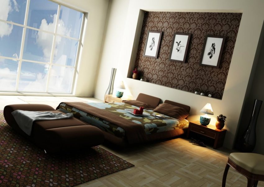 Ideas Large-size Apartment Bedroom Design With Single Drawer And Brown Wall And Carpet In The Floor With Low Profile Bed And Bay Window And Lamp Side On The Small Table And Laminate Flooring Design Ideas