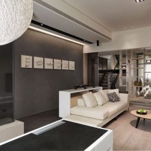 Apartment Thumbnail size Apartment Interior Decor With Multilevel Design Furniture White Sofa Laminated Wooden FLooring Round Table And Accessories Gray Wall And Art Ceiling Lighting Storage Ideas