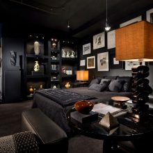Bedroom Thumbnail size Bedroom Awesome Dark Concept Design For Big Space BedroomBlack BedPillowBlanketWall PicsLightingLampTableMagazineAccessoriesCeramicBlack RugWindow And Black Sofa A Great Big Space Bedroom for Modern Home Design
