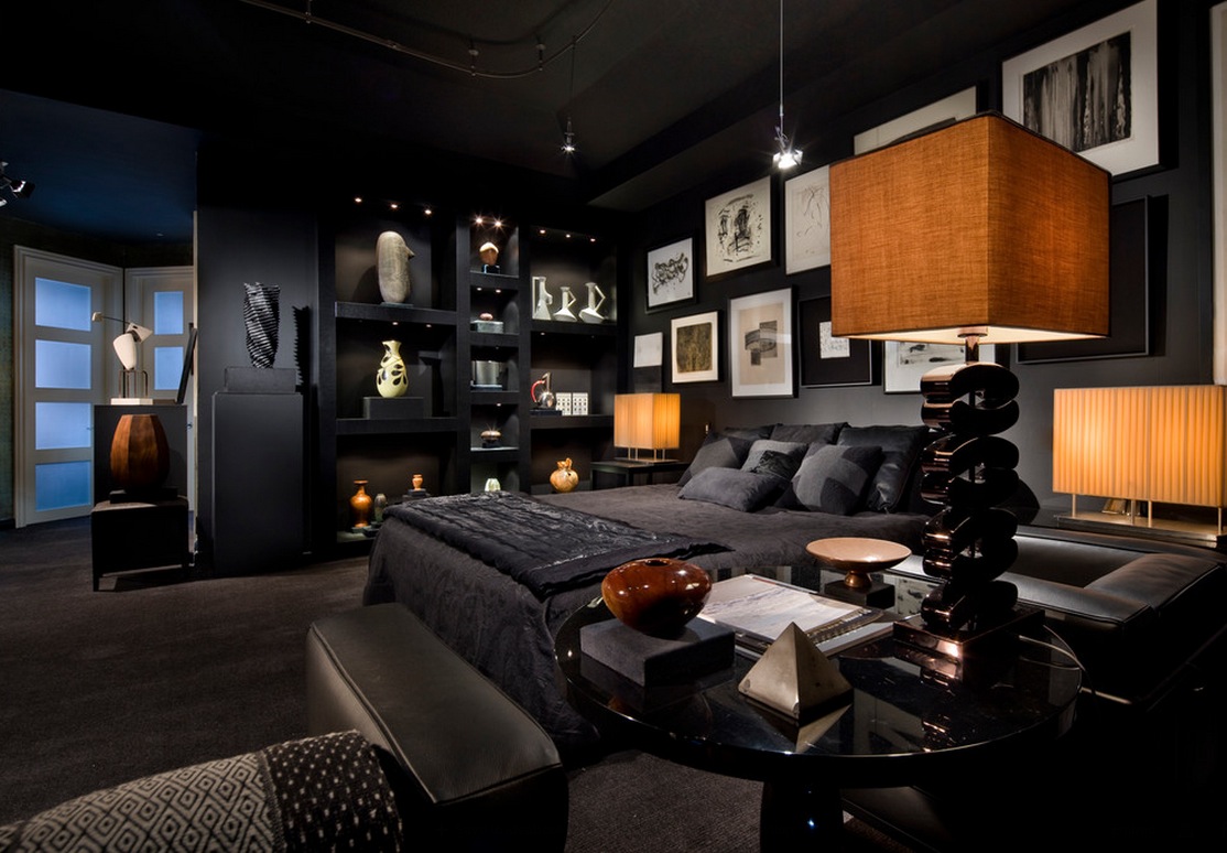 Awesome Dark Concept Design For Big Space BedroomBlack BedPillowBlanketWall PicsLightingLampTableMagazineAccessoriesCeramicBlack RugWindow And Black Sofa Bedroom