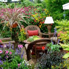 Garden Thumbnail size Awesome Garden For Small House With Various Flower Growth With Pink Red Yellow Purple And Many Beauty Color Lamp Sitting Area With Rattan Chair And Wooden Table