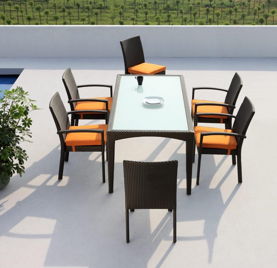 Furniture + Accessories Large-size Awesome Terrace Dining Chairs With Rattan And Orange Sofa Best Rattan Table Glass Plate Amazing Outdoor Place With White Paint Ideas Green Plant For Best Natural View Furniture + Accessories