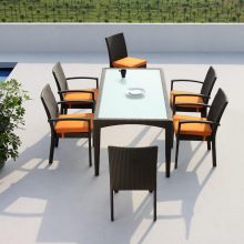 Furniture + Accessories Thumbnail size Awesome Terrace Dining Chairs With Rattan And Orange Sofa Best Rattan Table Glass Plate Amazing Outdoor Place With White Paint Ideas Green Plant For Best Natural View