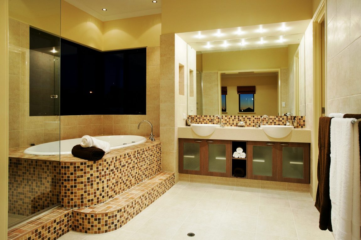 Bathroom Large-size Awesome White Floor With Bathtub Brown Tile Ceiling Lighting Large Mirror With Lamp White Wash Basin Faucet Chest Of Drawer Towel And Glass Shower Room Bathroom