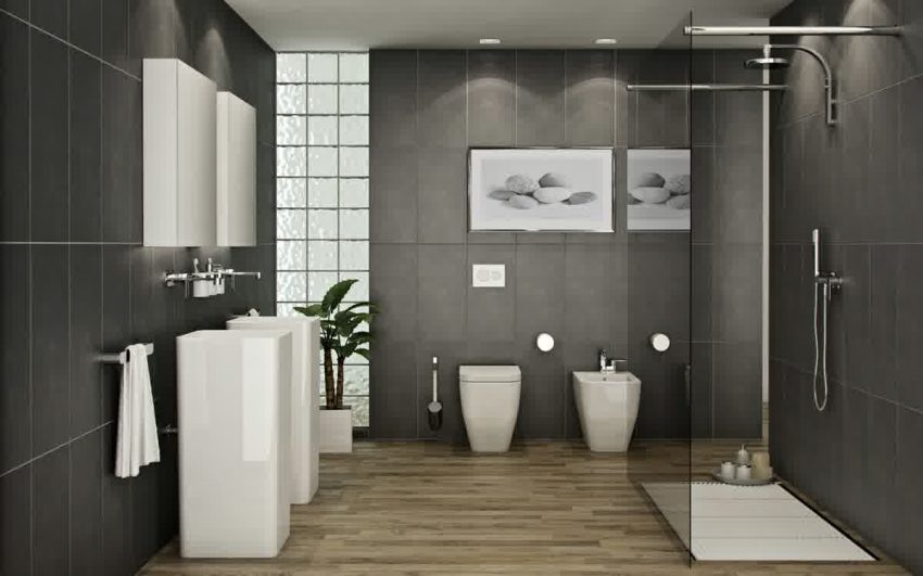 Bathroom Medium size Bathroom With Elegance Gray Wall Glass Shower White Bathtub New Sink And Laminated Flooring