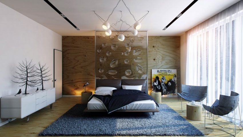 Bedroom Large-size Bedroom Design Ideas Headboard Feature Wall Wooden Flooring White Sideboard White Curtains Wooden Coffe Table Pendant Lamp Bedroom Wall Design Modern Interior Design Bedroom Bedroom