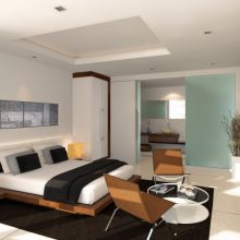 Apartment Thumbnail size Bedroom Ideas For Apartment Design Wooden Frame Cot Rattan Chair Round Glass Table Black Rug For White Flooring Modern Cupboard Tv Screen WHite Wall And Ceiling Bathroom Green Light Wall