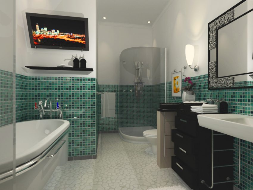 Bathroom Medium size Best Green Wall Tile For Interior Design Of Bathroom With Black Wooden Chest Drawer Bathtub Faucet TV Screen Soap Towel Glass Shower Room Wall Pics Mirror Flower Lighting And Stone FLoor Ideas