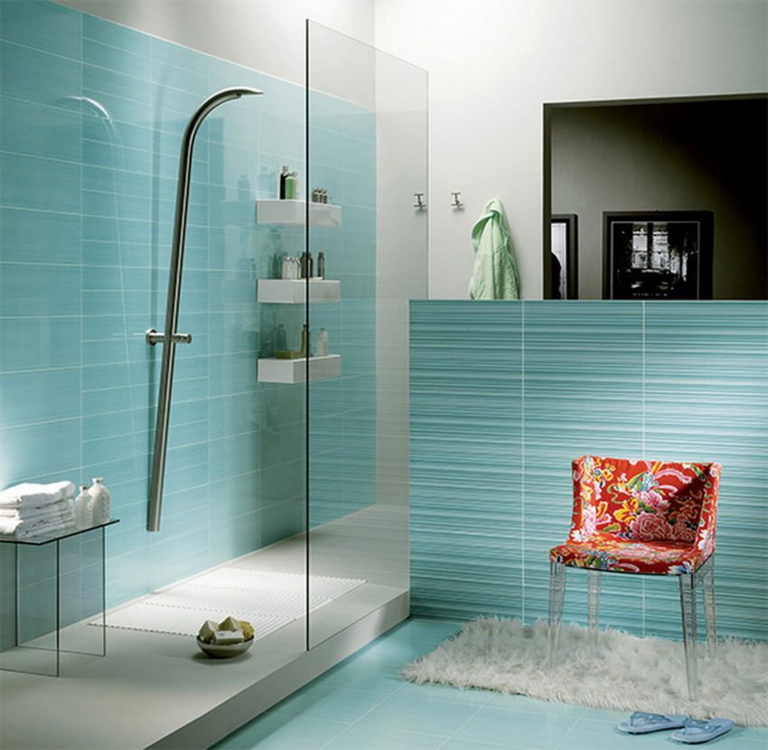 Bathroom Best Shower For Small Bathroom Design Ideas With Blue Tile Color Glass Room Shower Cute Flower Chair Fur Rug On Floor Glass Table White Towel And Sandals Several Tips for Small Modern Bathroom Design Ideas