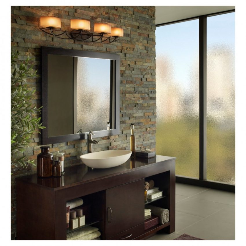 Bathroom Best Small Bathroom Designs With Brick Wall Plant Green Small Brown Vanity For Wash Basin White Sink Mirror With Black Border Parfum Soap Towel Lamp On Wall Rug On Floor And Big Glass Waindow Best Small Bathroom designs