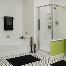 Bathroom Thumbnail size Best Small Bathroom Designs With Little Green And White Wall Hanger Towel Black Fur Rug Floor Wash Stand Mirror Sink Lighting Floor Shower Glass Room Soap Towel And Mini Table