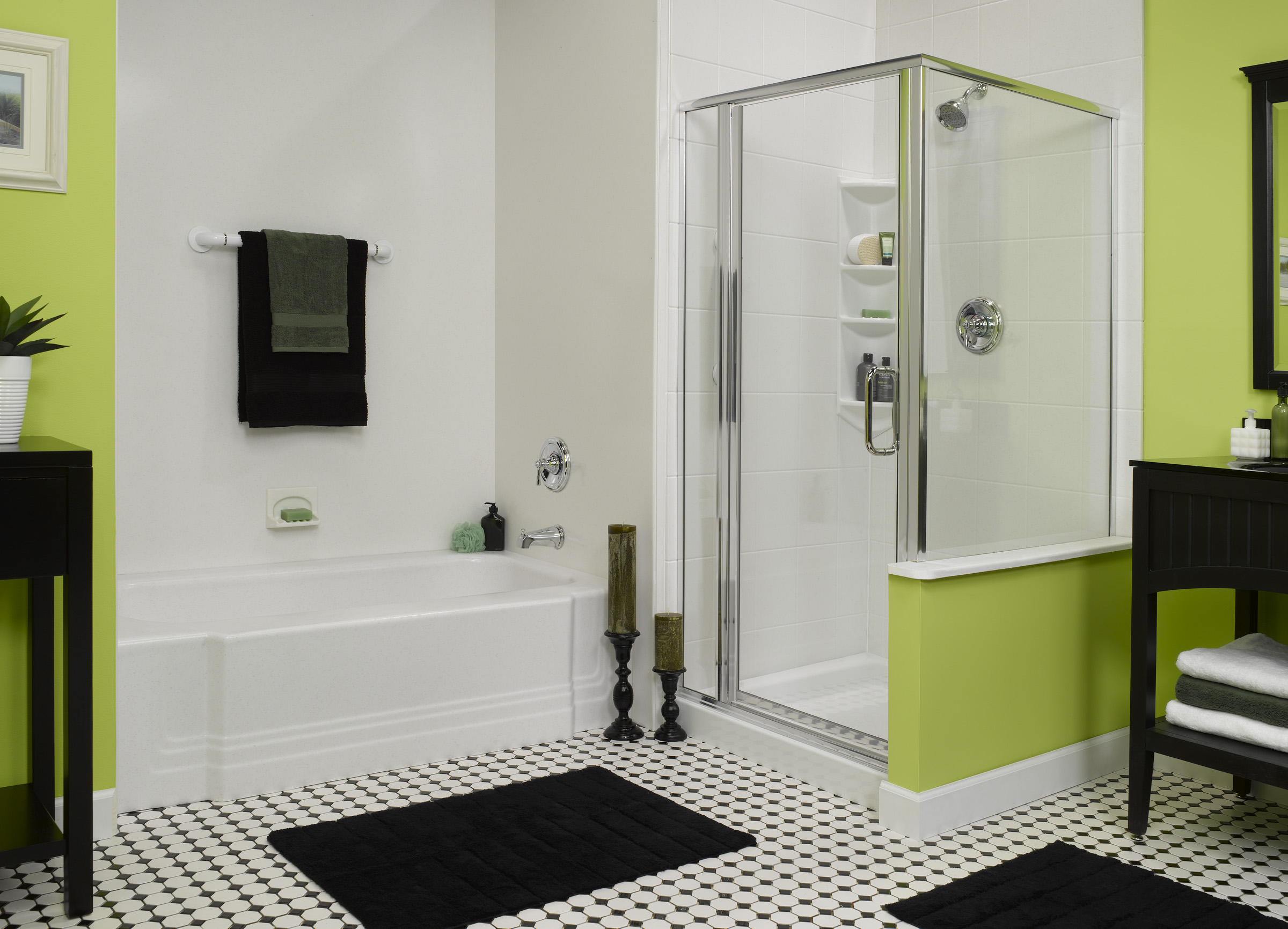 Best Small Bathroom Designs With Little Green And White Wall Hanger Towel Black Fur Rug Floor Wash Stand Mirror Sink Lighting Floor Shower Glass Room Soap Towel And Mini Table Bathroom