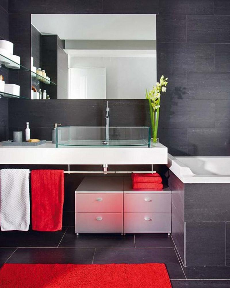 Black Concept For Best Small Bathroom Designs With Mirror Flower Wash Stand Glass Sink White Bathtub Black And White Hand Towel Wipes Cabinet And Fur Rug Bathroom