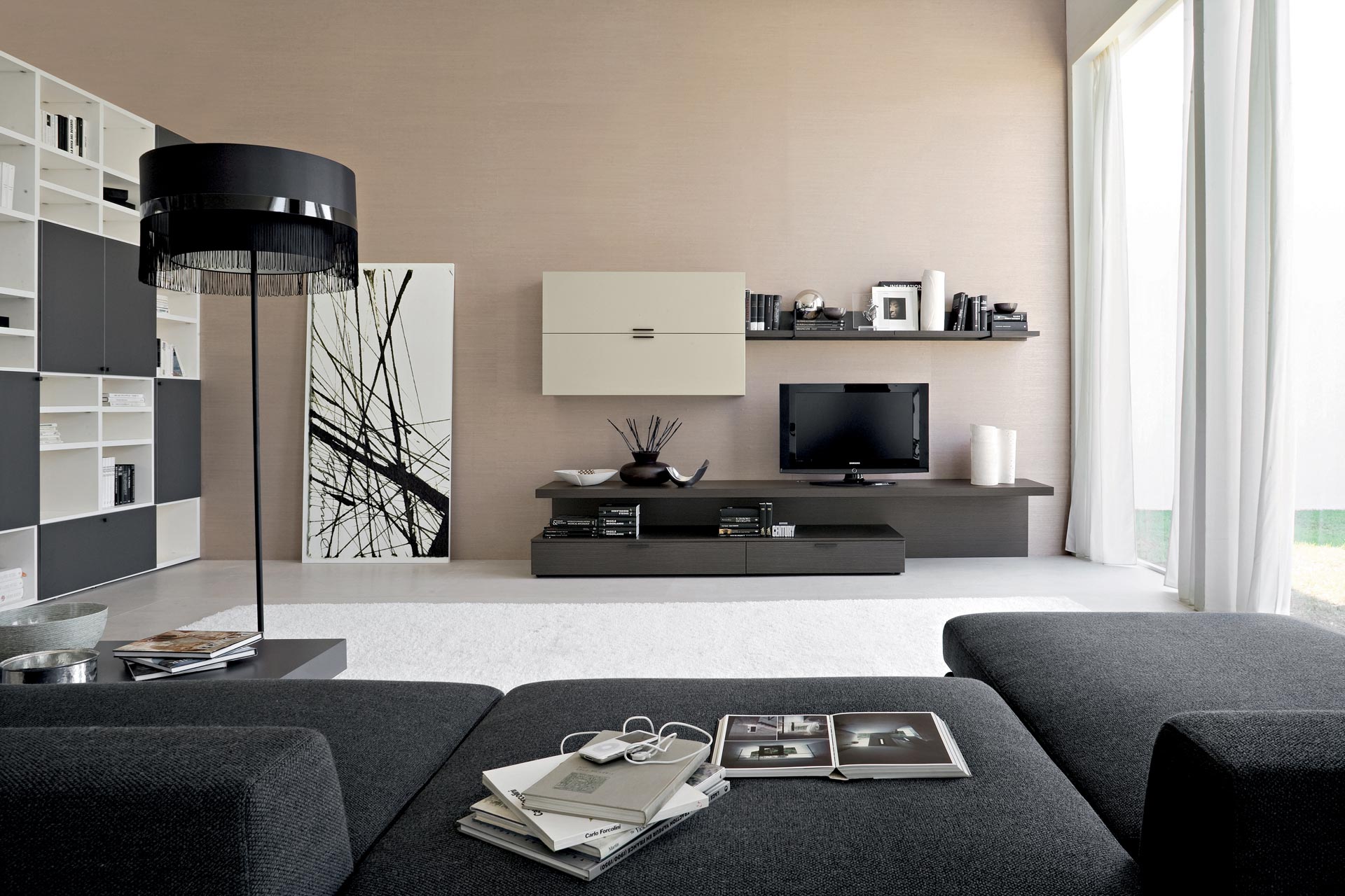 Black Furniture Sofa And Lamp With Black And White Storage For Modern Living Room Design Ideas Interior Design