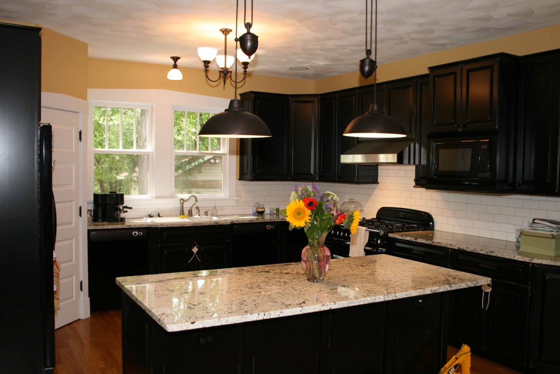 Kitchen Large-size Black Kitchen Cabinet Best Ceiling And Modern Chandelier Simple Pendant Lamp Modern White Marble And Small Window Faucet Sink Stove Flower Appliance And Laminated Flooring Ideas Kitchen