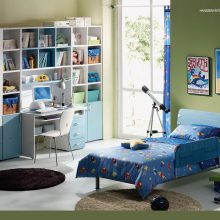Kids Room Thumbnail size Blue Design For Kids Bedroom With Fish Set BedroomTelescopWhite FloorRound Fur RugDesk ComputerStorage Book White Cupboard Large WindowBallShoesBox And Wall Pics