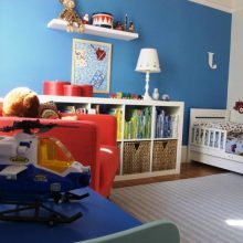 Ideas Thumbnail size Blue Toddler Bedroom Ideas And Carpet Flooring Design And White Wall Shelf And Laminate Flooring With Minimalist Book Storage Design With Red Armchair And Toys Decorating And Blue Wall Decoration