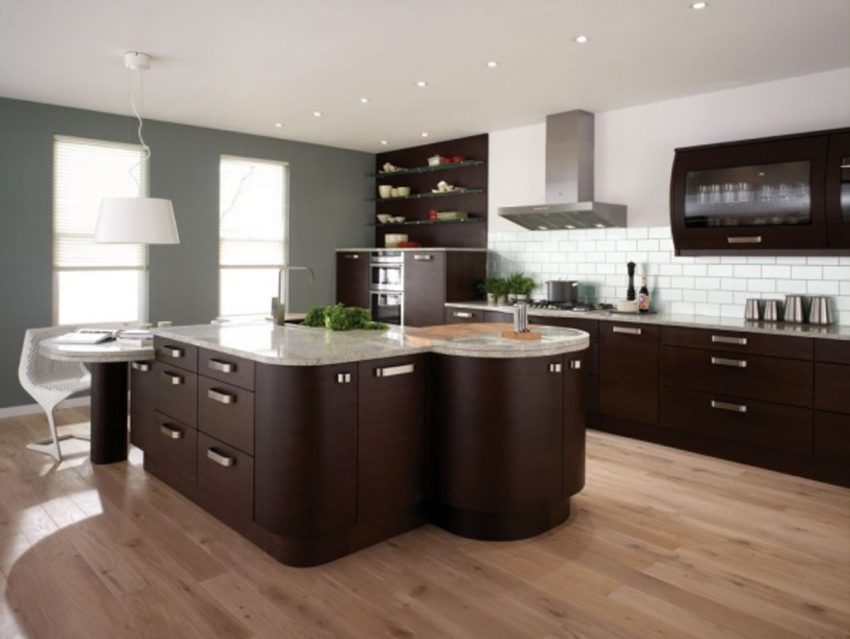 Kitchen Brown Stained Wooden Cabinet For Modern Kitchen Decor With Backsplash White Ceiling Small Lighting White Pendant Lamp Modern Marble Appliance And Wood Flooring Kitchen Ideas Laminated Wooden Floors Kitchen
