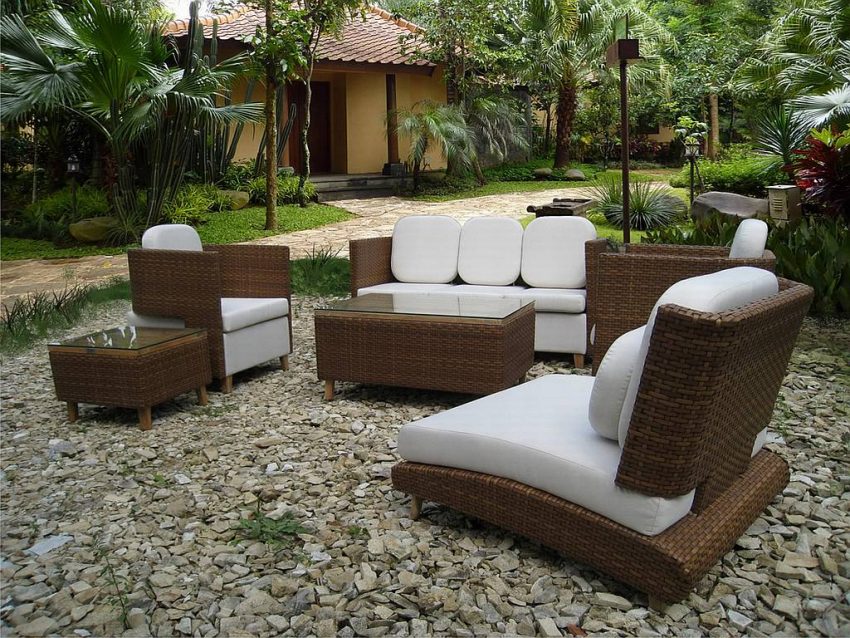 Furniture + Accessories Cheap Terraces Ideas With Brown And White Furniture Sets With Lighting Cheap Terrace Furniture Ideas Stone Floor Tiles And Garden Green Plant Ideas With Natural Concept Chair Design for Outside Terrace Furniture