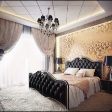 Bedroom Thumbnail size Classic Bedroom Design Which Contain A Double Bed With Black Leather Headboard Alongside Lamps Above Wooden Drawers Designated Light Yellow Wall With Gold Ornament