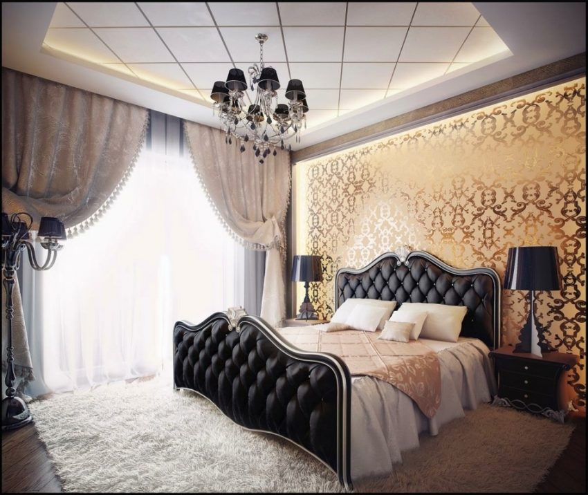Bedroom Classic Bedroom Design Which Contain A Double Bed With Black Leather Headboard Alongside Lamps Above Wooden Drawers Designated Light Yellow Wall With Gold Ornament Wooden Headboard with Excellent Leather Vintage Bedroom Design