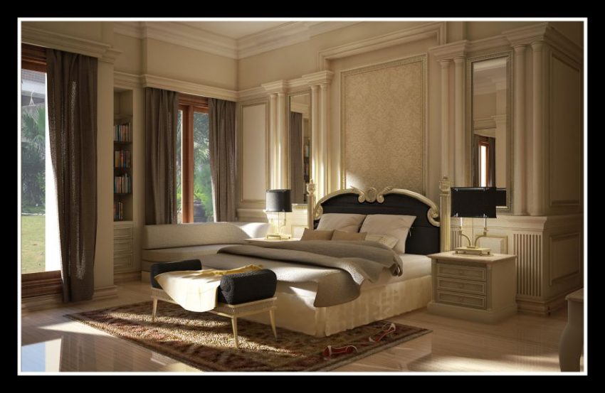 Apartment Classic Design Interior Bedroom Decorating Ideas Best Cot Blanket Pillow Black Headboard Sofa Fur Rug Stained White Wooden Floor Best Wall Lamp Inside White Sofa Modern Curtain On Wall Small Storge Apartment Classic Design with Furniture Ideas