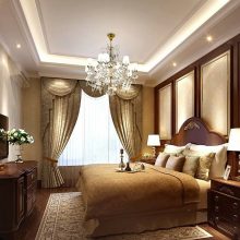 Bedroom Thumbnail size Classic Interior Bedroom Design Hotel With Amazing Bedroom PillowModern RugChest Of DrawerLampChandilierFlower WallpaperTv ScreenLarge WindowBrown Curtain And Laminated Flooring