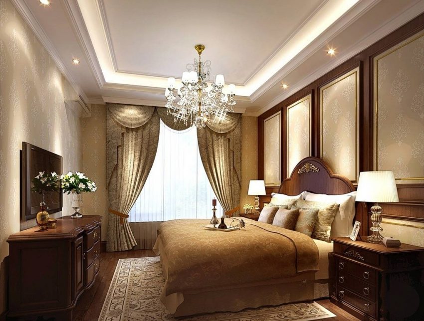 Bedroom Classic Interior Bedroom Design Hotel With Amazing Bedroom PillowModern RugChest Of DrawerLampChandilierFlower WallpaperTv ScreenLarge WindowBrown Curtain And Laminated Flooring Classic Interior Bedroom for Home Design