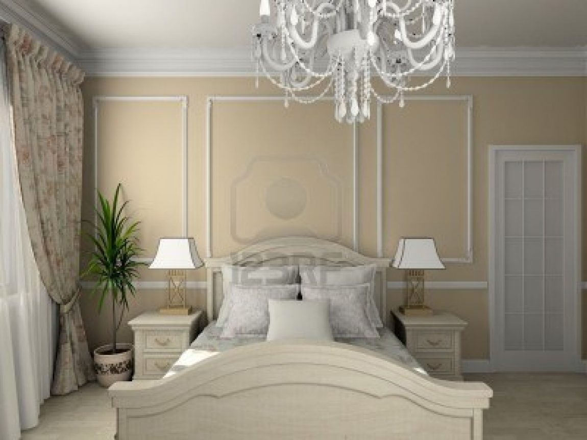 Bedroom Large-size Classic Interior Bedroom With White IdeasWindowCurtainPlantLampSmall CabinetWhite CeilingPillow Modern Chandilier And Varnished Floor Bedroom