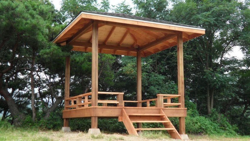 Architecture Clear Skies In Exterior Above Ground Wood Gazebo Ideas With Ladder And The Low Fence Eqipped By Forest View Wonderful Designs Of Exterior Taking Gazebo Ideas Inspiring You Hottest Home Design Trends Forest View