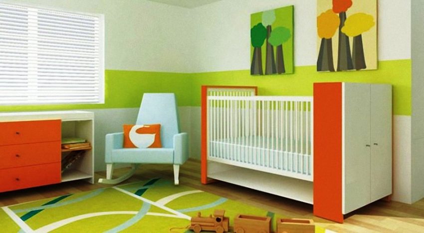 Ideas Medium size Colorful Baby Room Decor Ideas And Green Carpet Flooring For Baby Nursery Design With White And Orange Cradle And Cabinet And Laminate Flooring Design With Tree Wall Picture