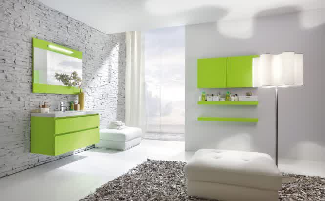 Contemporary Bathroom Design With Green Storage Little Green Mirror Fur Carpet White Sofa Nice Lamp New Floor And Best Wall Bathroom