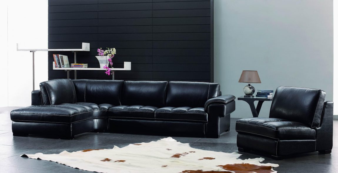 Furniture + Accessories Large-size Contemporary Leather Furniture With Black SOfa Small Table Books Lamp Black Stained Wall Ideas Flower Small Storage Cowhide Rug And Best Flooring Furniture + Accessories