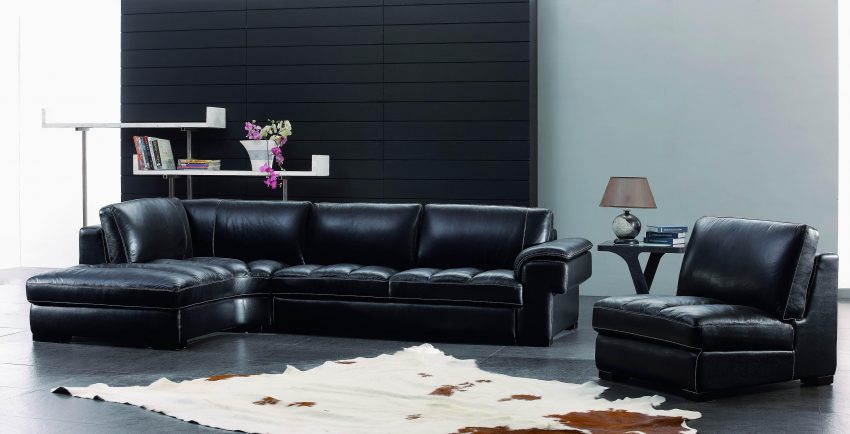 Furniture + Accessories Medium size Contemporary Leather Furniture With Black SOfa Small Table Books Lamp Black Stained Wall Ideas Flower Small Storage Cowhide Rug And Best Flooring
