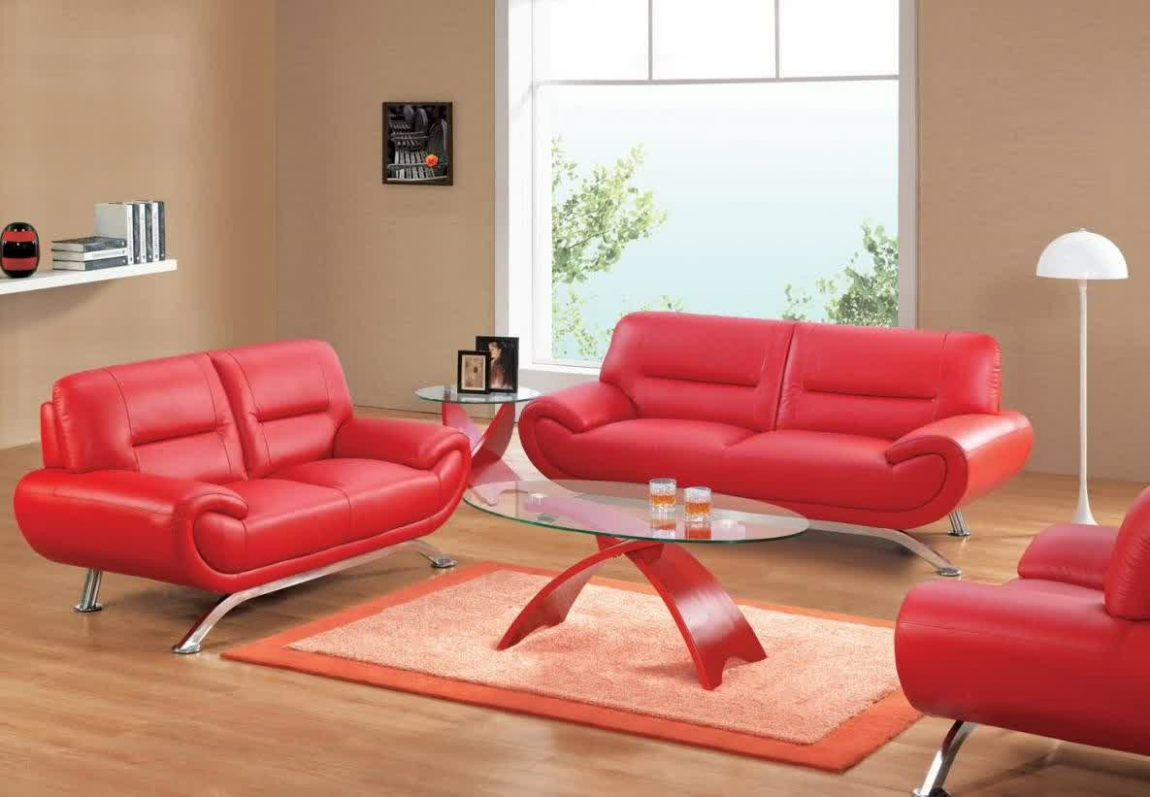 Furniture + Accessories Large-size Contemporary Red Leather Sofa Furniture Set For Modern Interior Living Room Ideas With Soft Wall Paint Large Window Wall Pics Simple Lamp Picture Round Glass Table Fur Rug And Laminate Furniture + Accessories