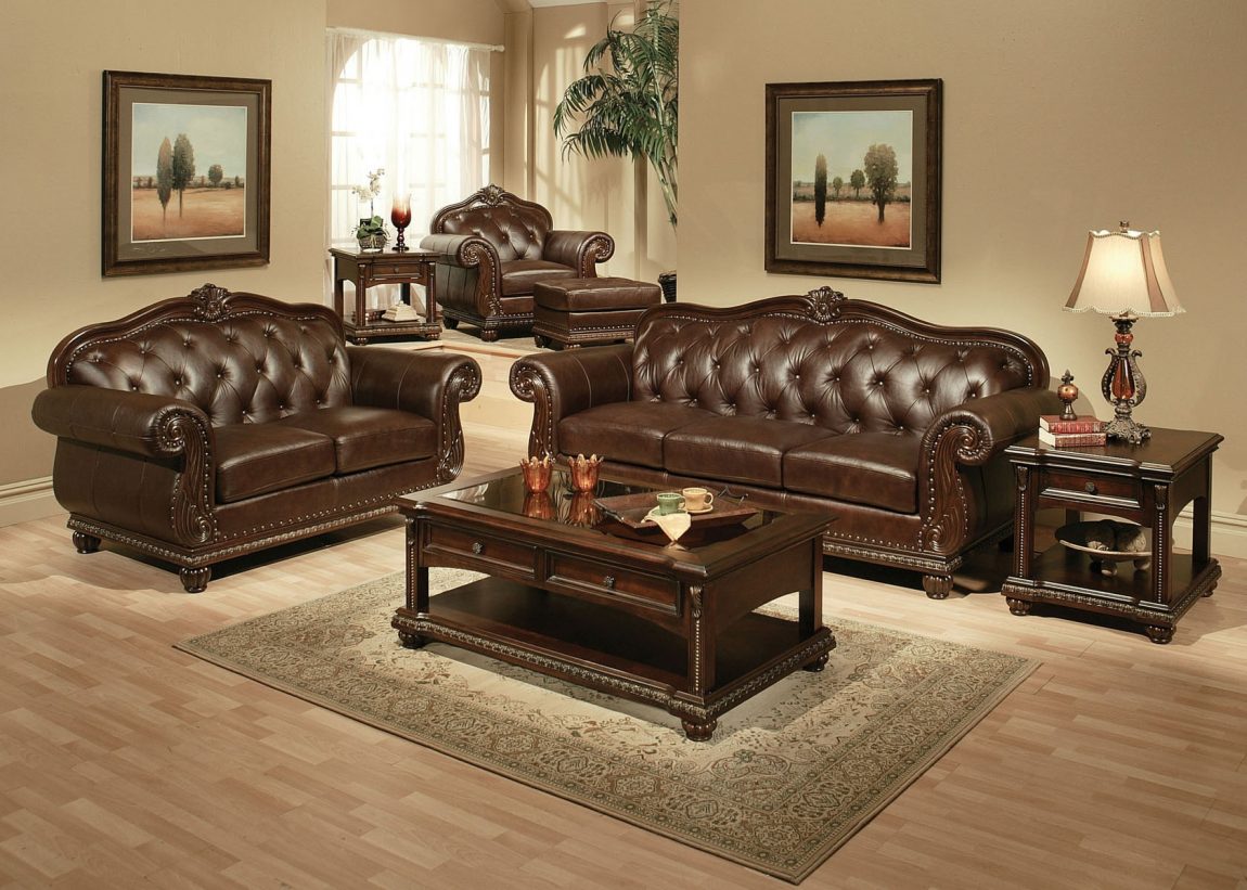 Furniture + Accessories Large-size Cool Brown Tufted Leather Sofa Furniture Set With Stained Wooden Table Accessories Furniture Book Small Table Cute Lam Plant Wall Picture And Modern Wall Paint For Living Room Interior Furniture + Accessories