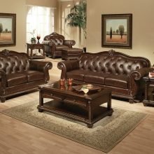Furniture + Accessories Thumbnail size Cool Brown Tufted Leather Sofa Furniture Set With Stained Wooden Table Accessories Furniture Book Small Table Cute Lam Plant Wall Picture And Modern Wall Paint For Living Room Interior