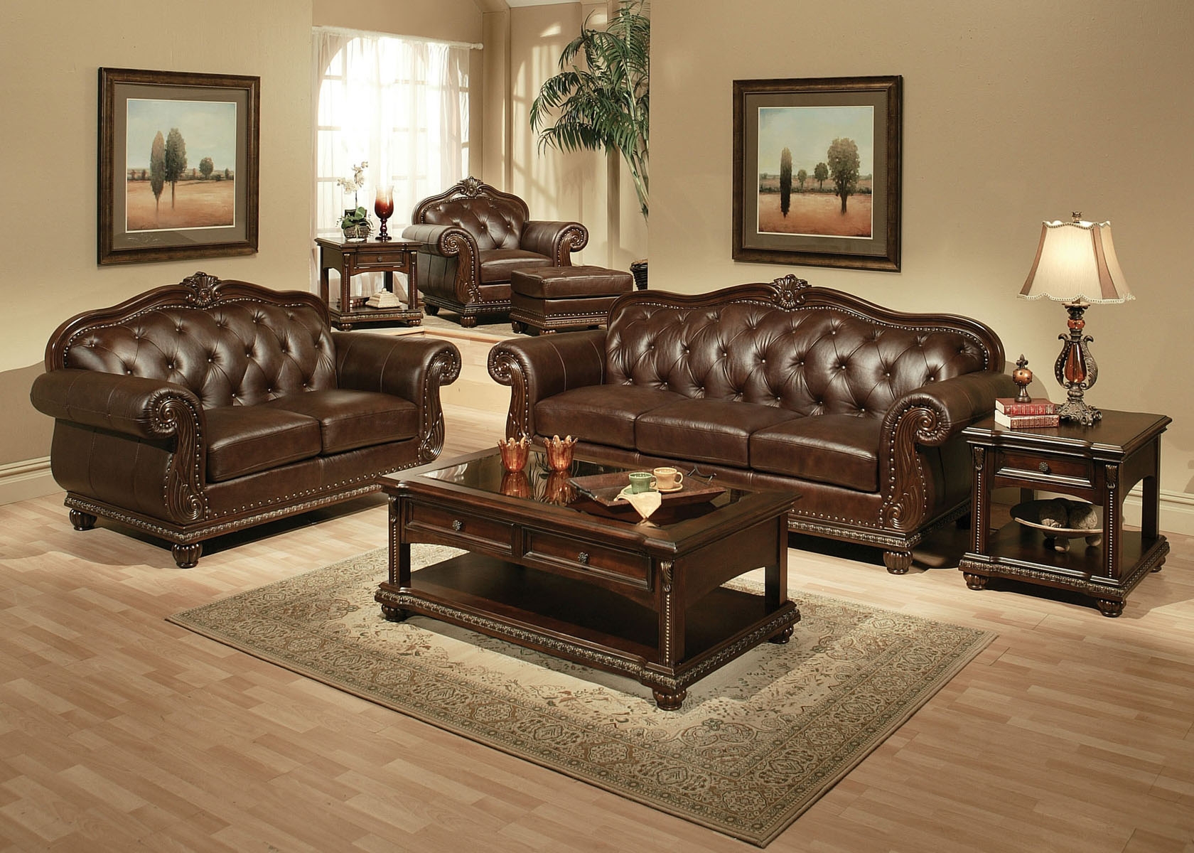 Cool Brown Tufted Leather Sofa Furniture Set With Stained Wooden Table Accessories Furniture Book Small Table Cute Lam Plant Wall Picture And Modern Wall Paint For Living Room Interior Furniture + Accessories