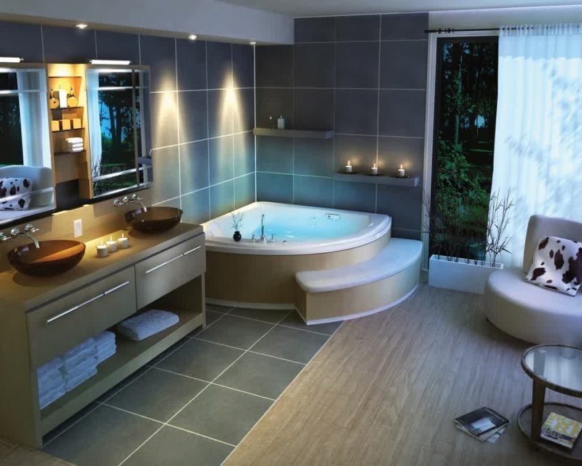 Bathroom Medium size Cool Laminated Flooring With Gray Tile Color Lighting Two Modern Sink Two Mirror Sofa Chair Small Bathtub Curtain And Natural Concept