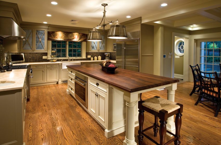 Kitchen Cool Wood Floor Kitchen Ideas With Laminated Dark Woden Table Chair Modern Pendant Lamp Ceiling Lighting Window Small Tile Backsplash Appliance And Stove Laminated Wooden Floors Kitchen