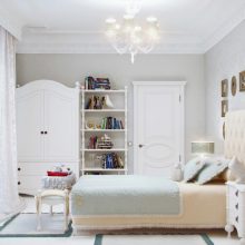 Bedroom Thumbnail size Crystal Chandelier Cute Girl Bedroom Design Ideas White Curtain White Wardrobe Single Bed With Headboard White Chest Of Drawer Small Carpet Flooring Table Lamp Bookshelf Interior Bedroom
