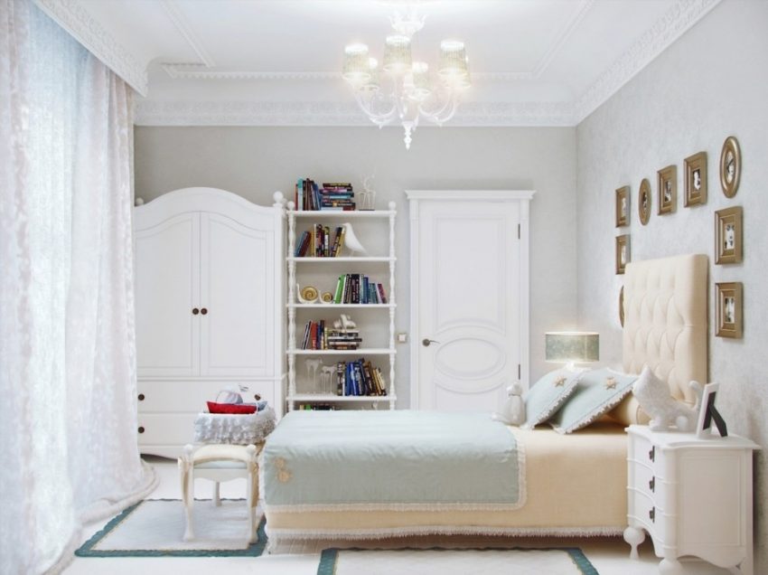 Bedroom Crystal Chandelier Cute Girl Bedroom Design Ideas White Curtain White Wardrobe Single Bed With Headboard White Chest Of Drawer Small Carpet Flooring Table Lamp Bookshelf Interior Bedroom Creative Headboards for Beautifying Your Bedroom