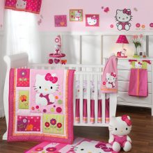 Bedroom Thumbnail size Cute Baby Bedroom With Hello Kitty DesignDollBlanketPictureWhite Baby NurseryToysLampHand Wipes FlowerRugChest Of Drawer White Wall And Laminated Wooden Floor