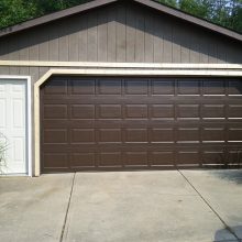 Ideas Thumbnail size Cute Brown Color Paint Scheme For Garage Door Trim Style Ideas With Best Wooden Wall White Door Best Floor Grass And Green Plant Ideas For Traditional Garage Design Garden