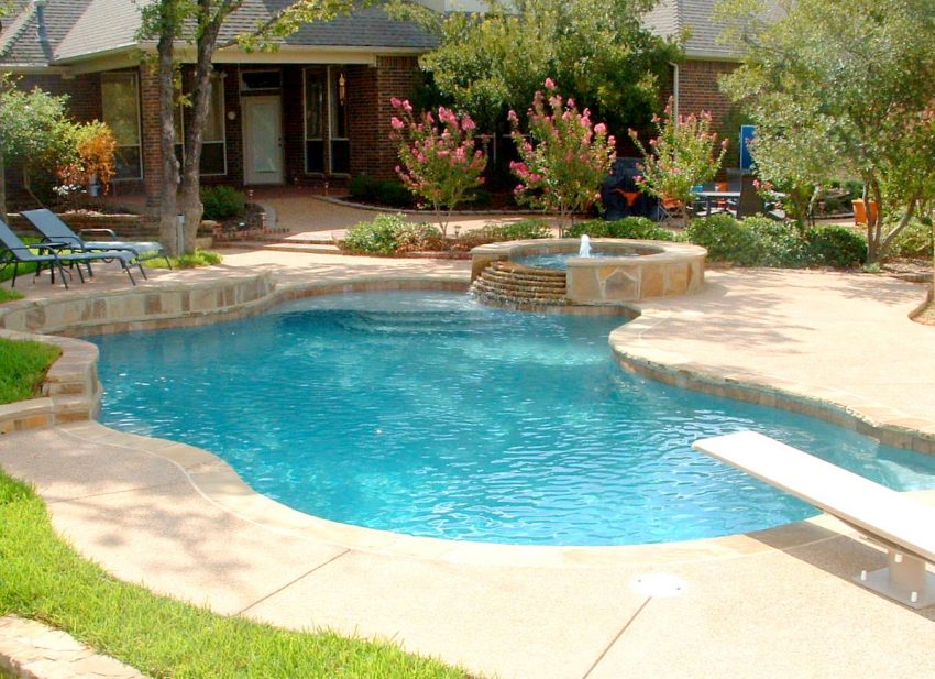 Pool Design Large-size Cute Concept Ideas For Natural Swimming Pool With Pure Water Comfy Beach Sitting Are Flower Green Plant Sitting Jump And Exterior Ideas On Behind Your Home Pool Design